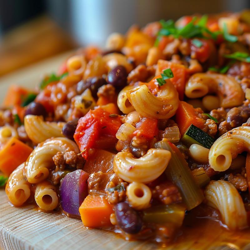 Close-up of a hearty portion of pasta e fagioli with colorful vegetables on a wooden board.