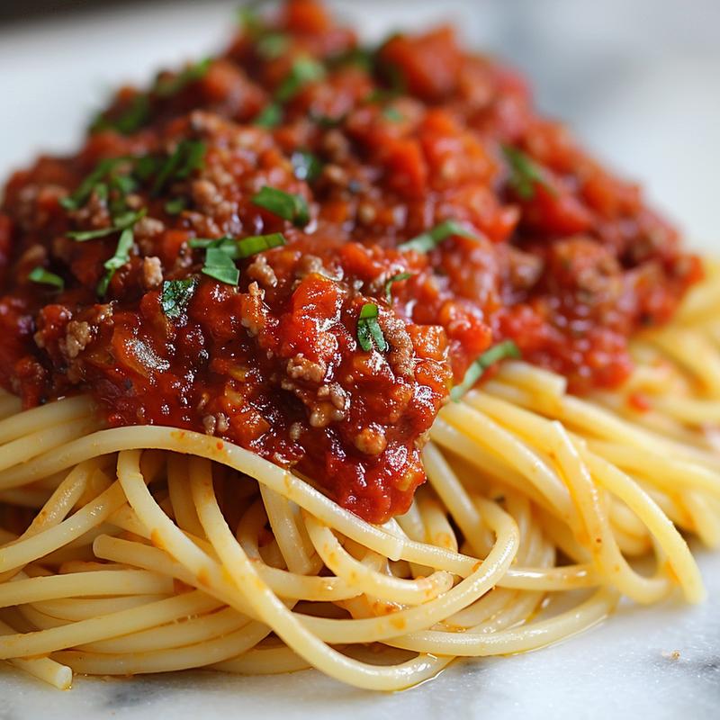 A close-up view of a rich, hearty spaghetti sauce in a bowl on a marble surface.