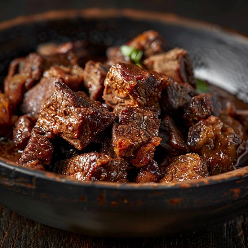 Close-up of a slow cooker beef Manhattan dinner, showcasing tender beef and gravy on a rustic wooden table.