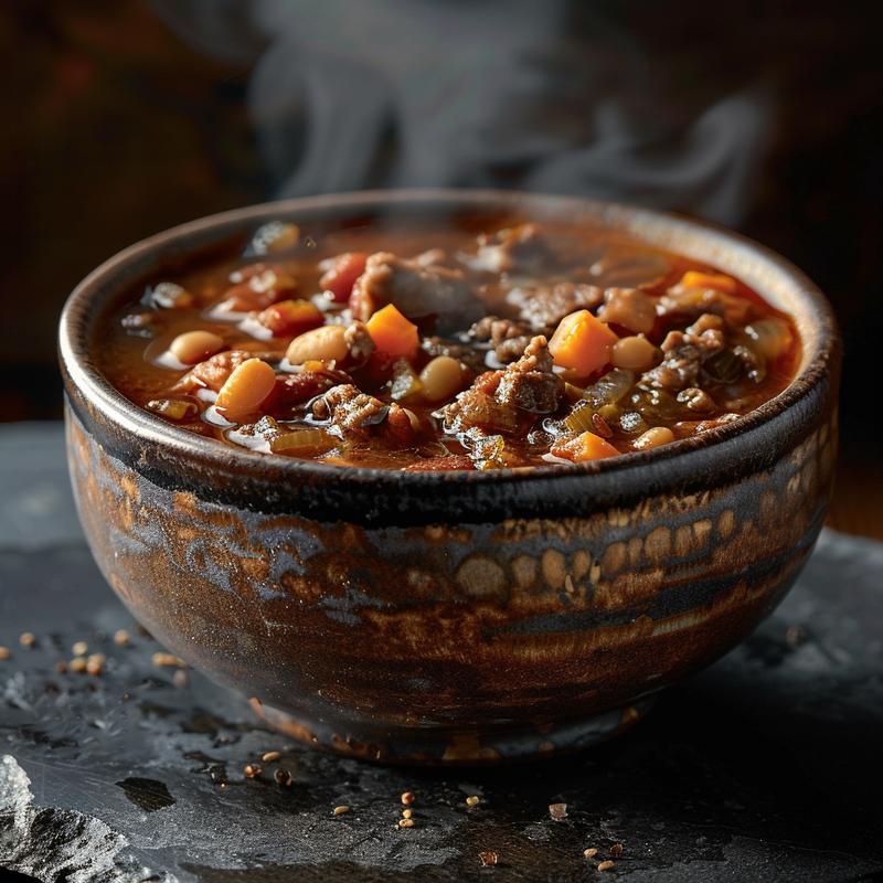 Close-up of a steaming bowl of rustic slow cooker soup on a dark countertop.