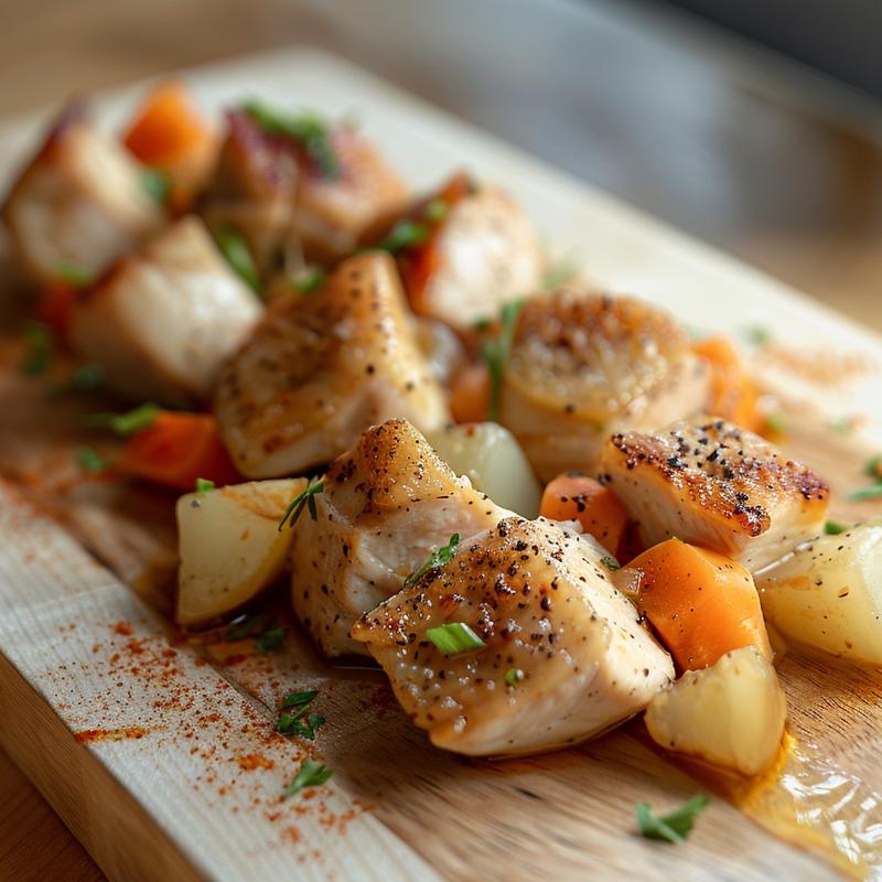 Close-up shot of a bowl filled with chicken vegetable stew resting on a wooden board.