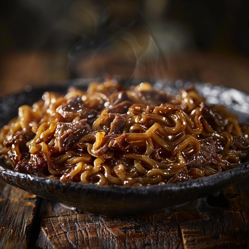 Close-up of a bowl of slow cooker beef ramen noodles topped with green onions and soft-boiled egg, on a rustic wooden table.