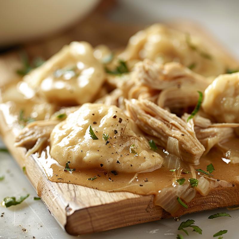 A close-up view of a bowl filled with chicken and dumplings, showcasing tender chicken pieces and fluffy dumplings on a wooden board.