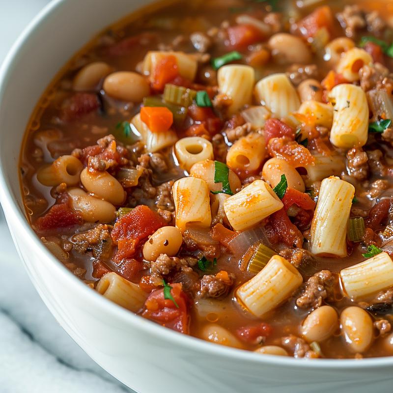 A close-up view of a bowl of pasta e fagioli soup with visible pasta and beans.
