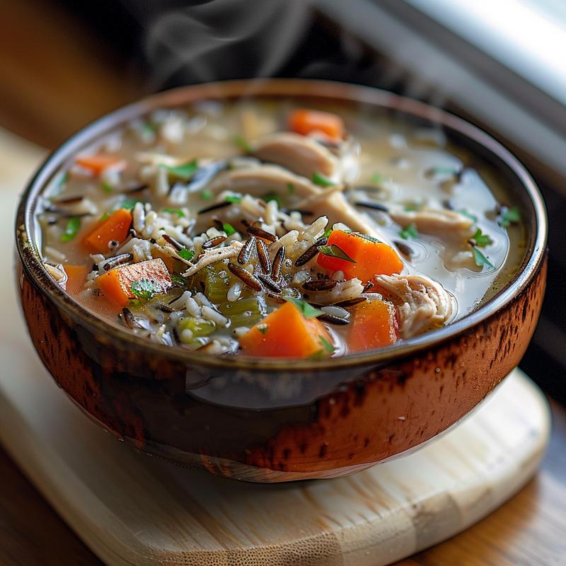 Close-up of a bowl of chicken and wild rice soup on a wooden board.
