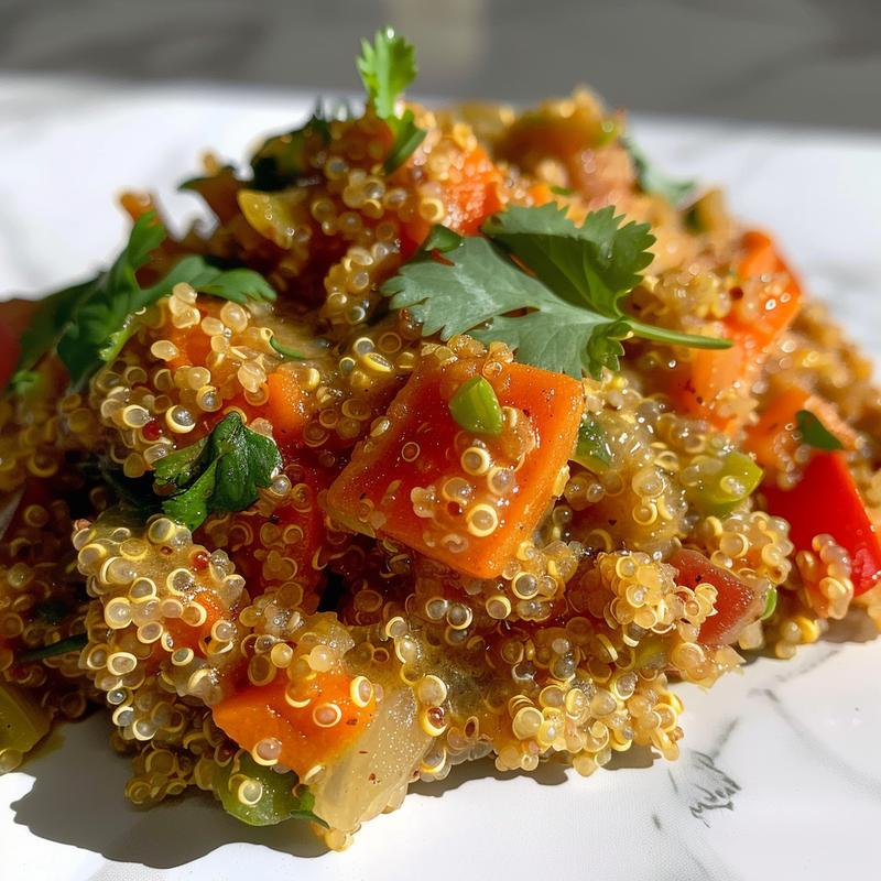 Close-up of a bowl of coconut quinoa curry with a creamy texture on a white marble surface.