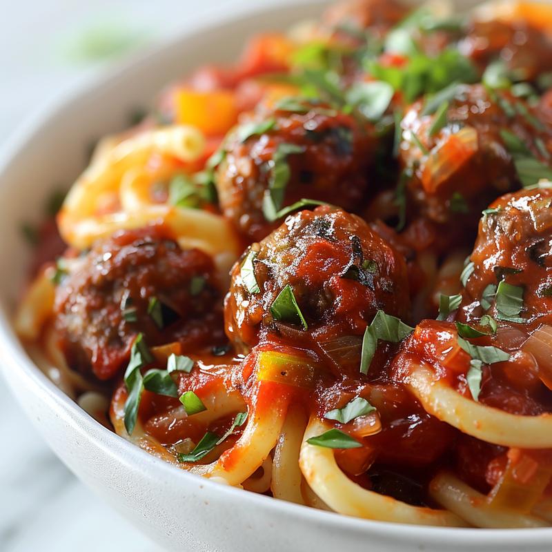 Close-up of a bowl of meatball marinara pasta with vibrant colors and textures.