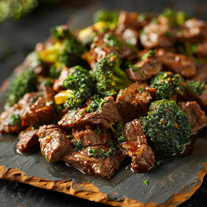 Close-up of a portion of beef and broccoli served on a rustic chipped slate plate.