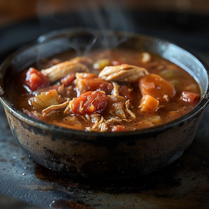 A bowl of chicken stew with visible vegetables and herbs, placed on a cast iron surface.