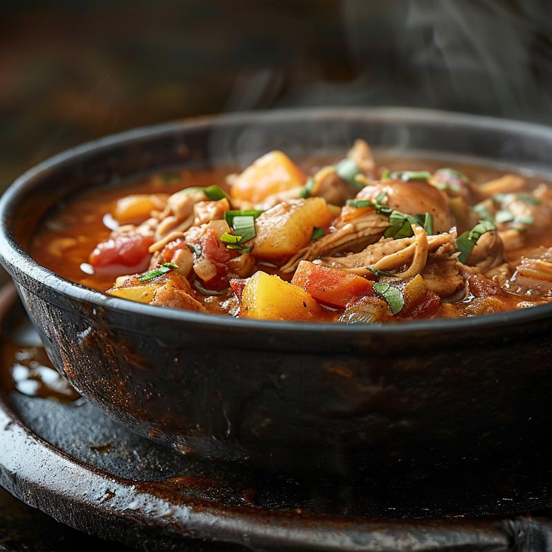 Close-up of a steaming bowl of chicken stew with a rustic appearance on a dark surface.