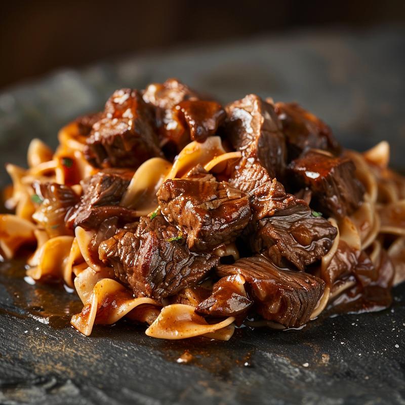 Close-up of a hearty portion of slow cooker beef and noodles on a dark stone surface.