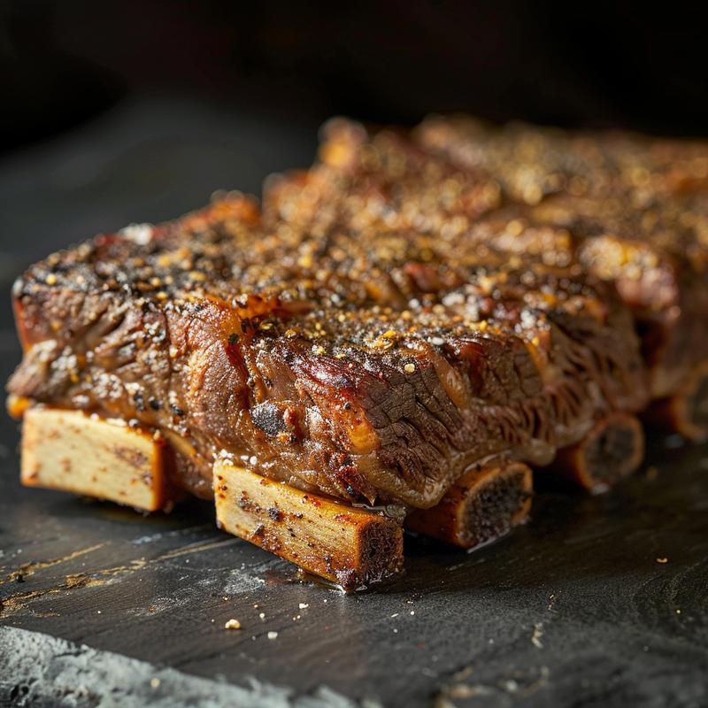 Close-up of tender beef short ribs on a dark stone countertop, with rich textures and deep shadows.