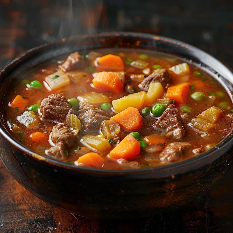 Close-up of a bowl of vegetable beef soup steaming on a rustic wooden table.