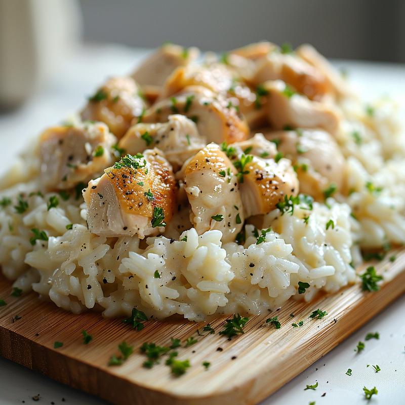 Close-up of a creamy crock pot chicken and rice dish on a light wood board.