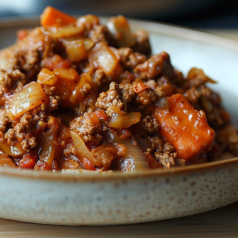 Close-up of a healthy crock pot dish on a light grey ceramic plate.