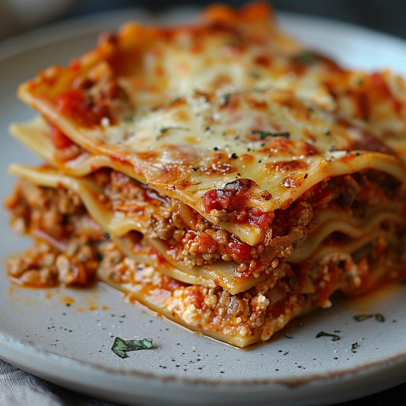 Close-up of a delicious portion of classic lasagna on a light grey ceramic plate.