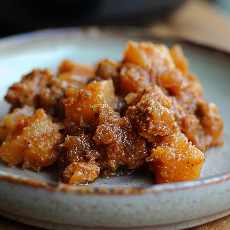 A close-up shot of a healthy crock pot meal on a light grey ceramic plate.
