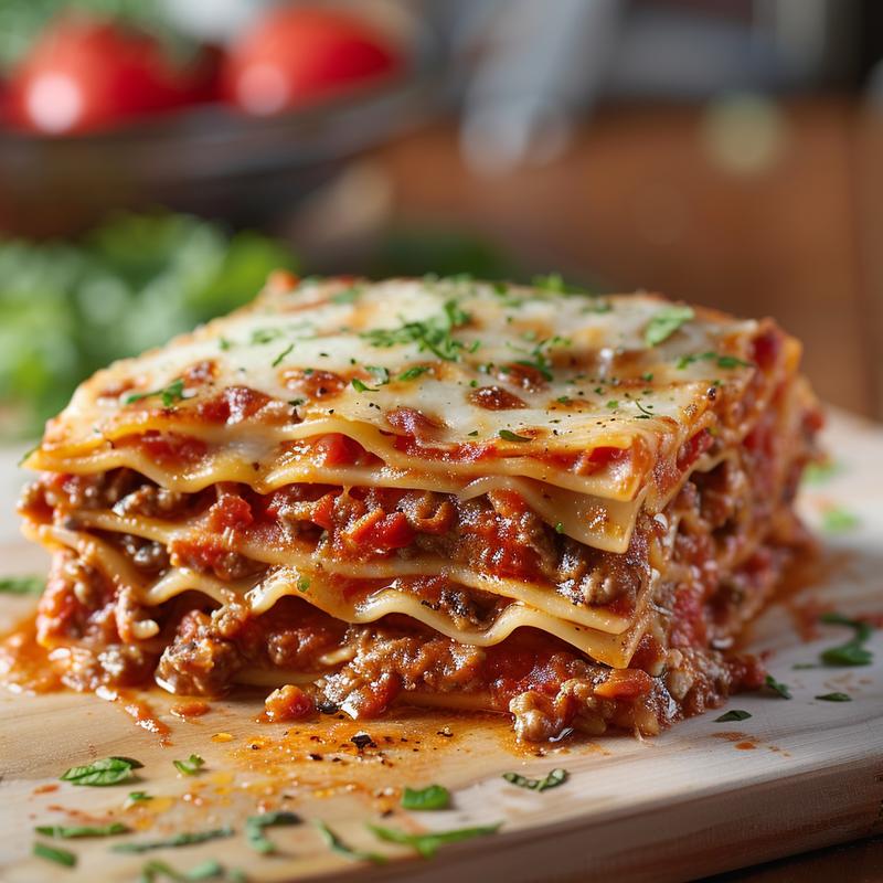 A close-up of a delicious slice of classic lasagna on a natural wood board.
