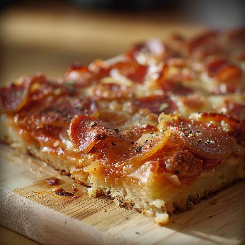 Close-up of a colorful and delicious dump and bake dinner on a light wood board.