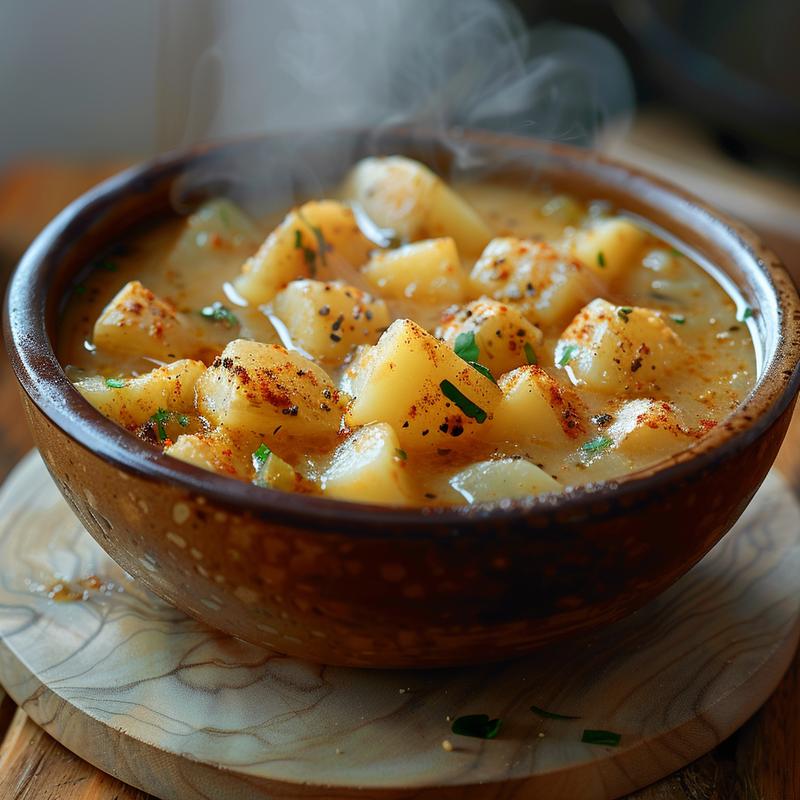 Close-up shot of a creamy potato soup in a bowl, steaming and set on a light wood board.