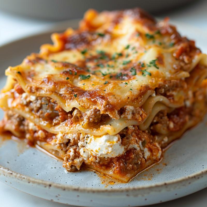 Close-up view of a slice of homemade lasagna with creamy ricotta cheese on a gray ceramic plate.