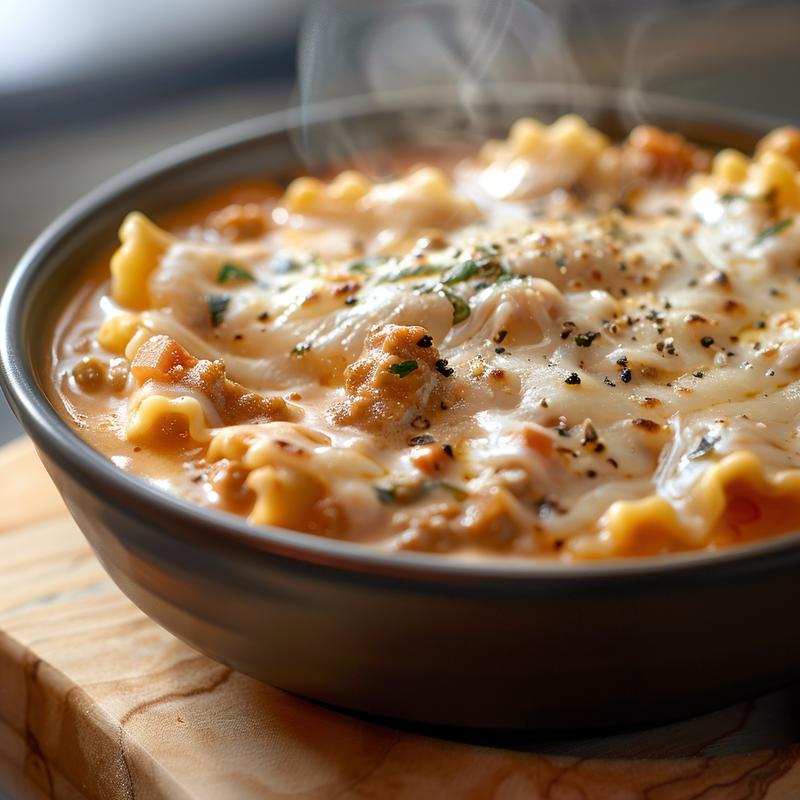 Close-up of a bowl of creamy lasagna soup with steam rising, placed on a light wood board.