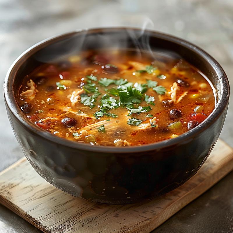 Close-up of a bowl filled with chicken enchilada soup, showcasing textures of chicken, beans, and broth.