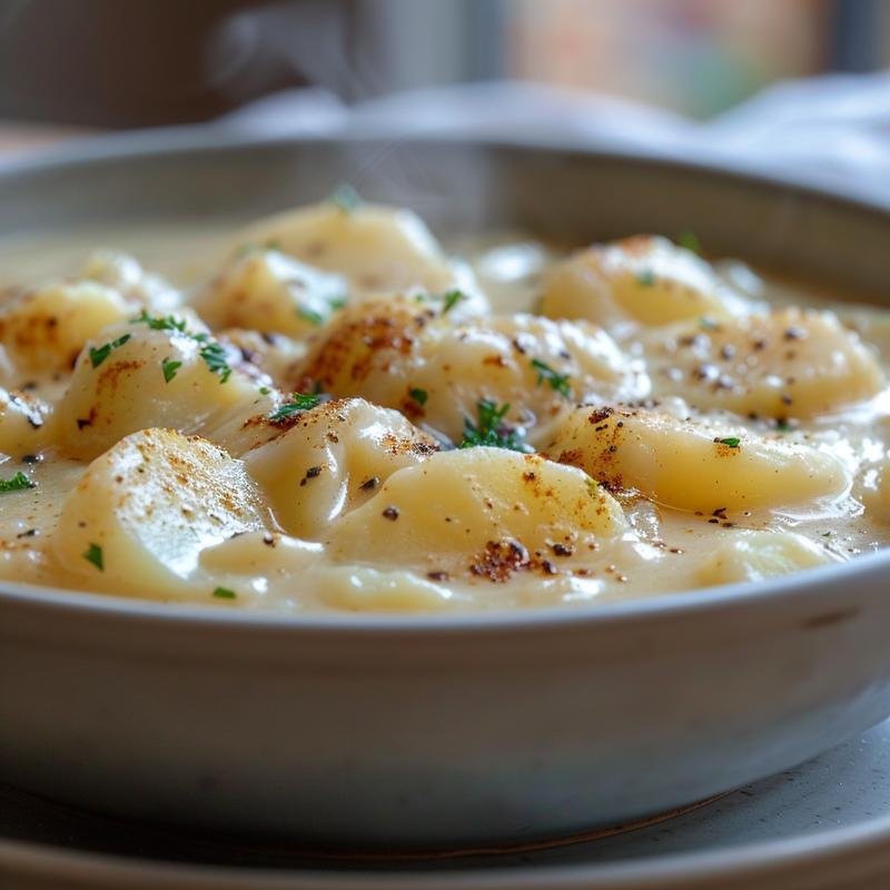 Close-up of creamy hashbrown potato soup in a grey ceramic bowl with steam rising.