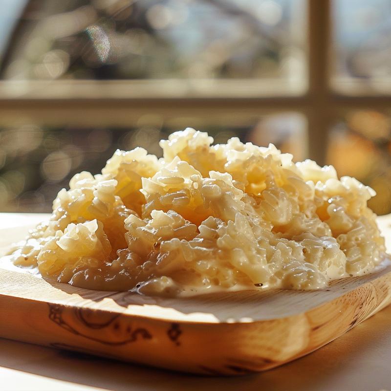 Close-up of creamy, dairy-free rice pudding in a minimalist setting on a wood board.