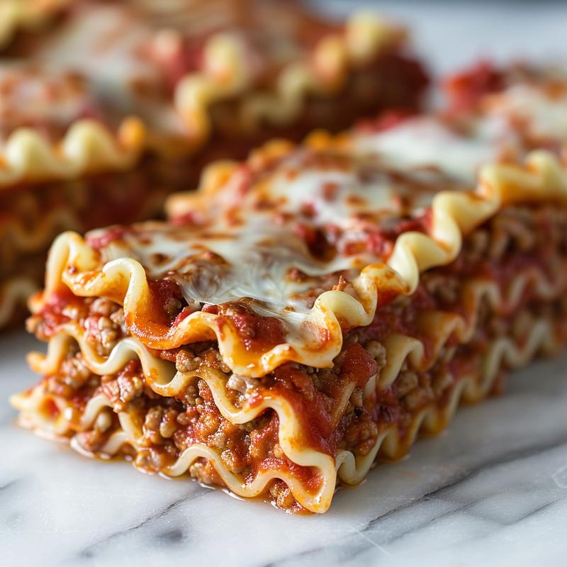 Close-up of lasagna roll ups with visible layers of cheese and sauce on a marble surface.