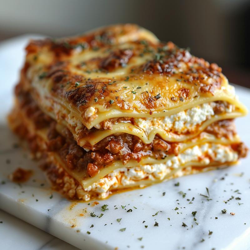 A close-up view of a slice of cheesy cottage cheese lasagna on a marble surface.