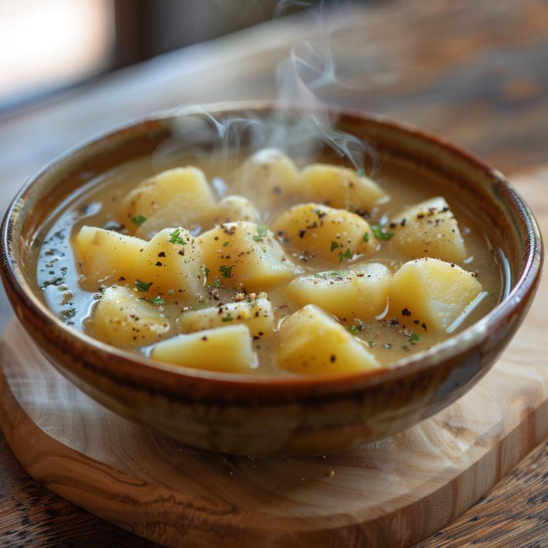 Close-up of a creamy potato soup in a minimalist bowl on a light wood surface.