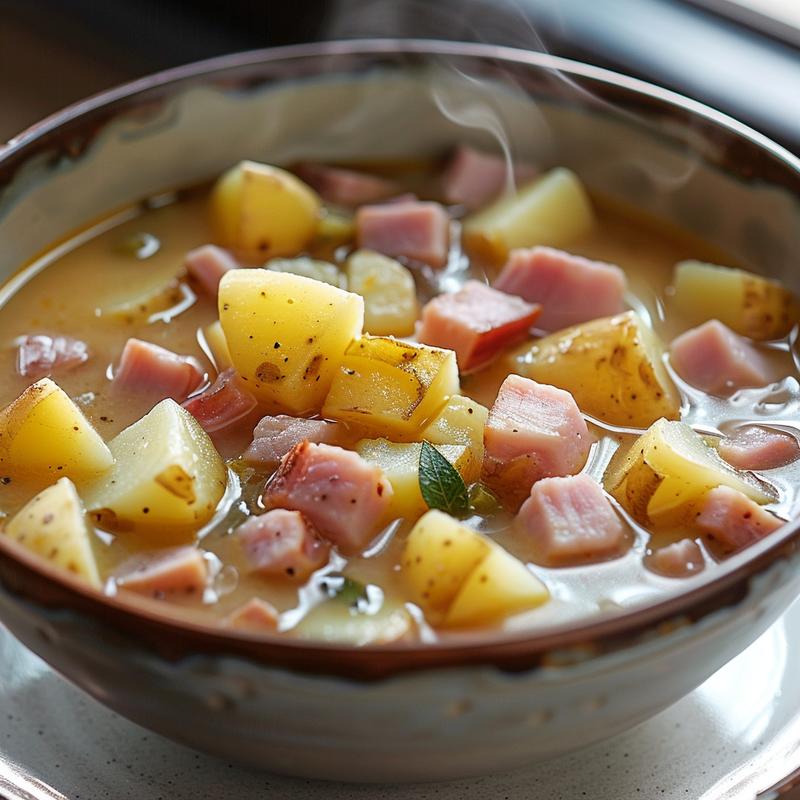 A close-up of creamy ham and potato soup in a grey ceramic bowl, with steam rising.