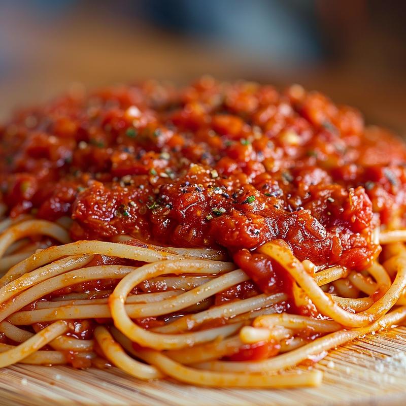 Extreme close-up of a vibrant homemade Italian spaghetti sauce on a wooden board.