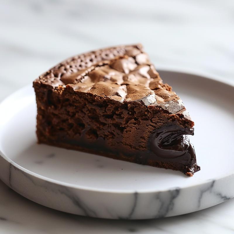 A close-up of a perfectly sliced chocolate lava cake on a white plate, showcasing molten chocolate oozing from the center.
