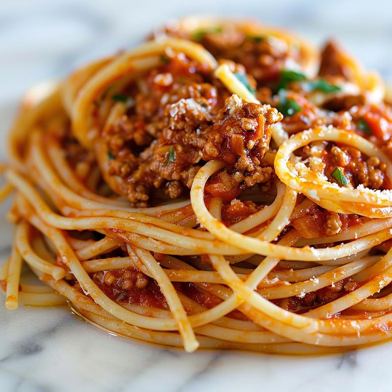 A vibrant close-up of rich spaghetti bolognese on a white marble surface.