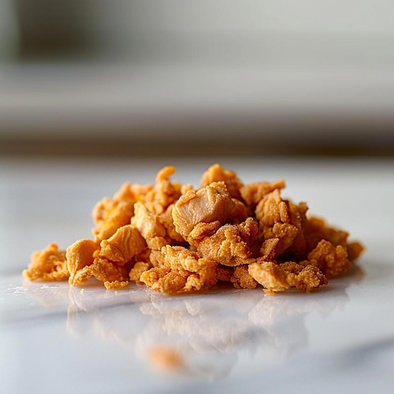 Close-up shot of a delicious portion of dump bake chicken with crispy skin on a white marble surface.