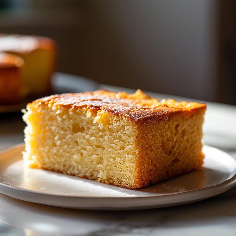 A close-up of a perfectly cut slice of cake on a white marble plate.