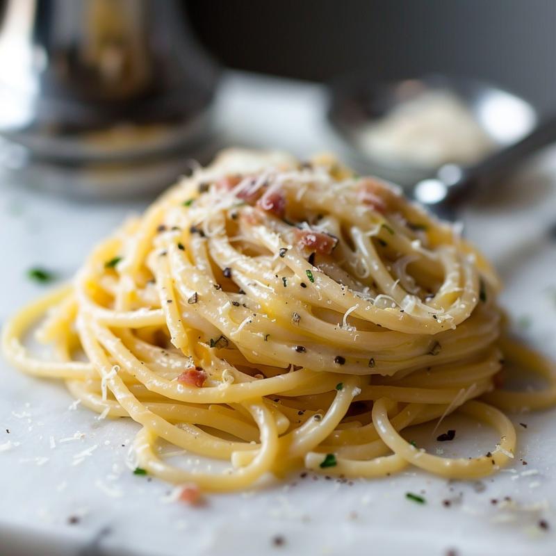 Close-up of a creamy spaghetti carbonara with crispy bacon bits on a white marble surface.