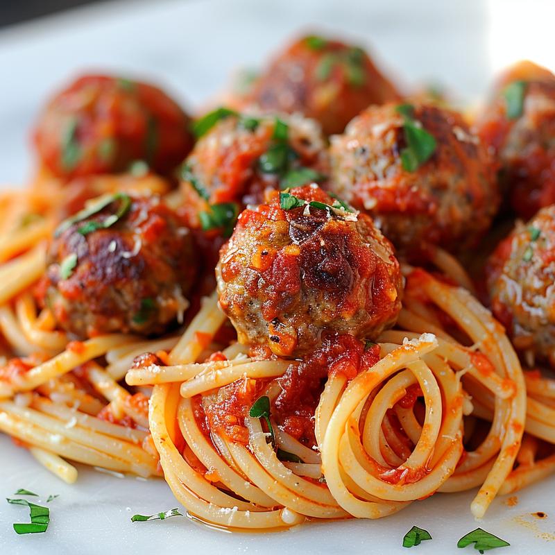 Close-up of spaghetti and meatballs on a white marble surface, showcasing rich tomato sauce and fresh basil.
