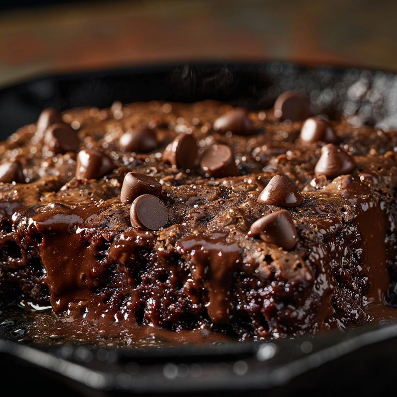 Close-up of a rich, chocolate brownie pudding served in a rustic cast iron dish.