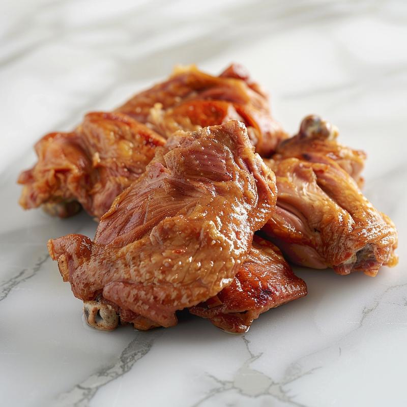 A close-up of a portion of smoked whole chicken on a white marble surface, showcasing its texture and color.