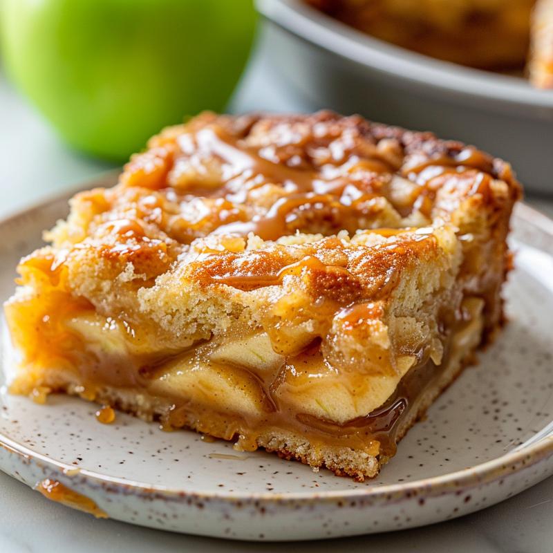 A close-up of a slice of caramel apple dump cake on a plate, showcasing its texture against a white marble background.