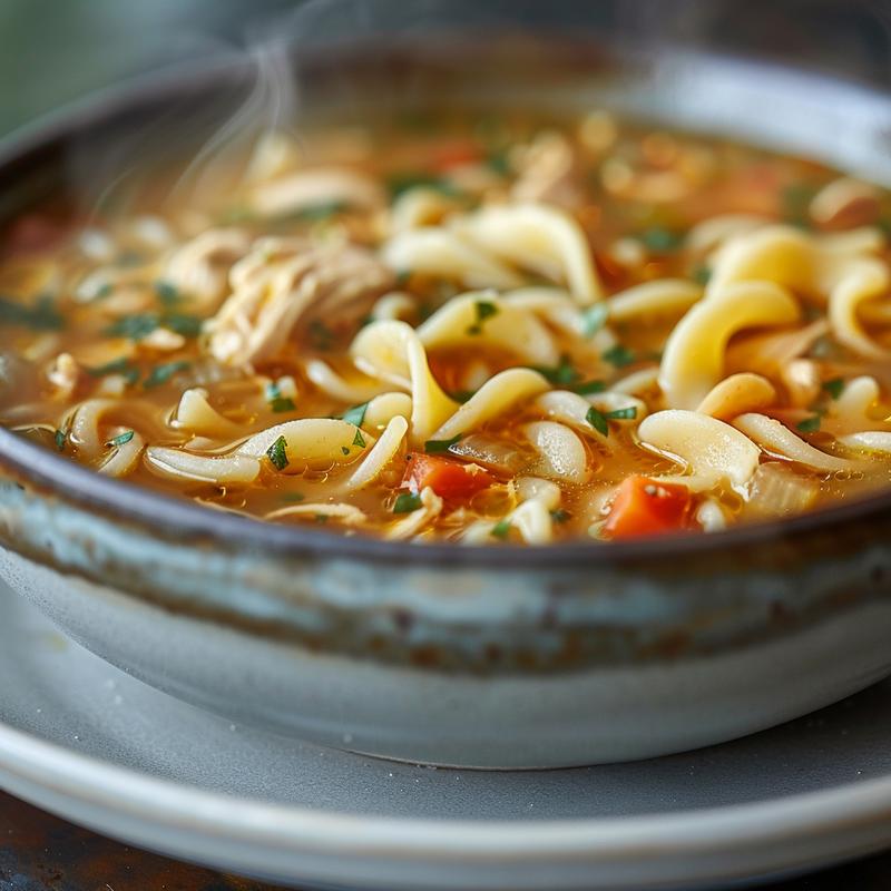 Close-up of a bowl of classic chicken noodle soup, featuring noodles, chicken pieces, and vegetables in broth.