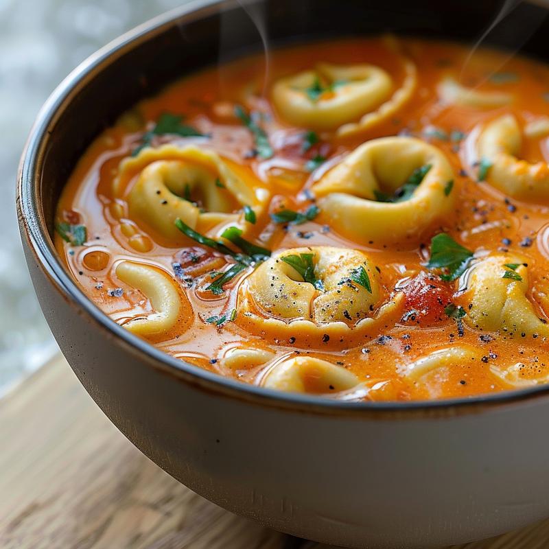 Close-up of a bowl of creamy tomato tortellini soup on a wooden board, with steam rising.