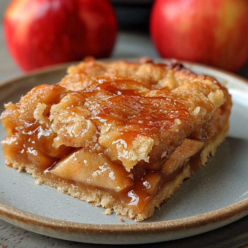 A close-up of a slice of warm caramel apple dump cake on a light grey plate.