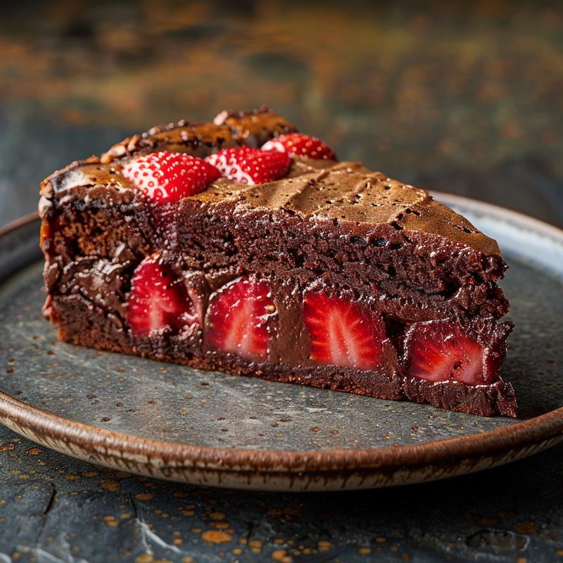 Close-up of a slice of strawberry chocolate cake on a dark plate, showcasing rich textures and colors.