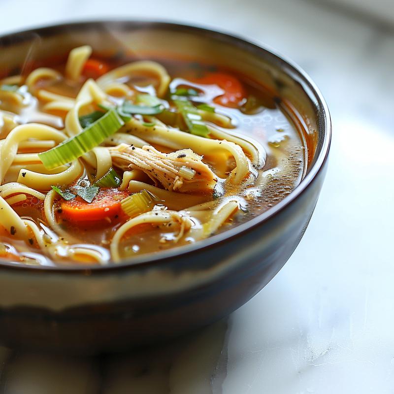 A close-up of a bowl of chicken noodle soup with steam rising, set on a white marble surface.