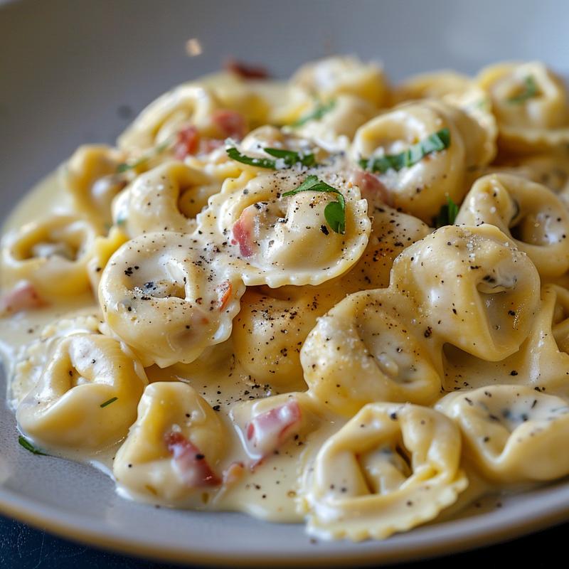 A close-up view of creamy tortellini carbonara on a light grey ceramic plate with defined textures.