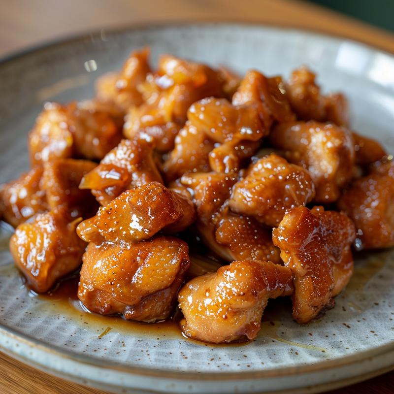 A close-up view of a portion of honey chicken on a grey ceramic plate.